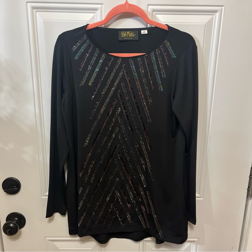 Bob Mackie Black Long Sleeve Top with Sequin Stripes XS NWOT